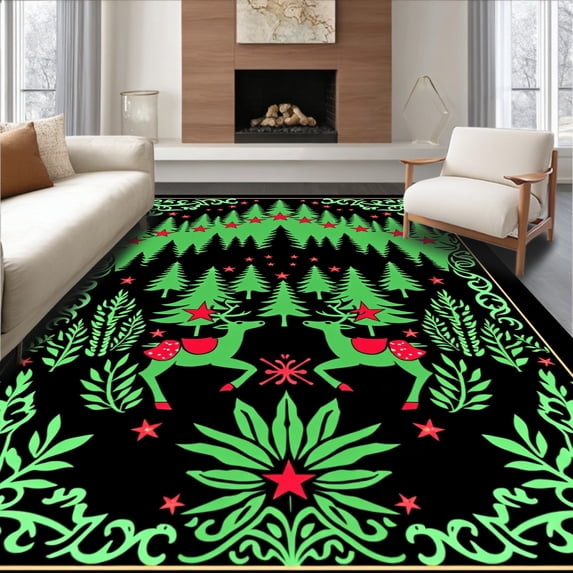 ODIKA 2'x3' Machine Washable Non-Slip Area Rug, Enchanted Forest Woodland Caribou Path Adornment High Traffic Rug, Black, 509239