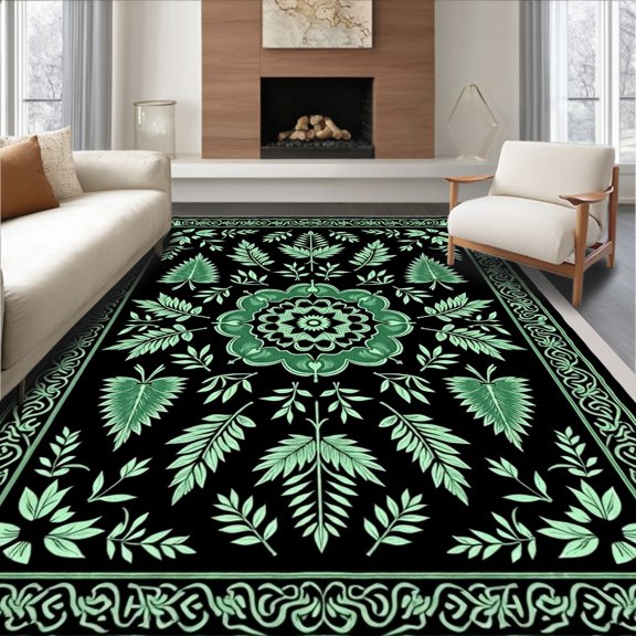 ODIKA 2x3 Machine Washable Non-Slip Area Rug, Enchanted Forest Woodland Whimsy Tree Skirt with Mystical Evergreen Design High Traffic Rug, Black, 624374