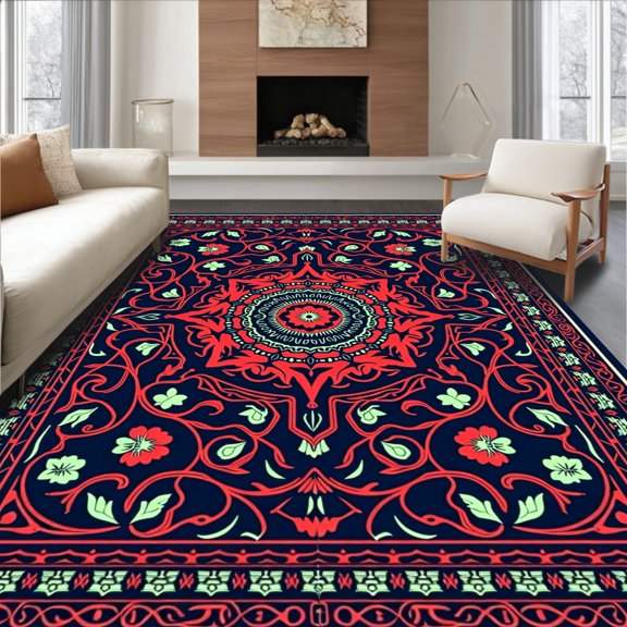 ODIKA 2x3 Machine Washable Non-Slip Area Rug, Enchanted Garden Blossom Vine Labyrinth Sanctuary High Traffic Rug, Red, 586111