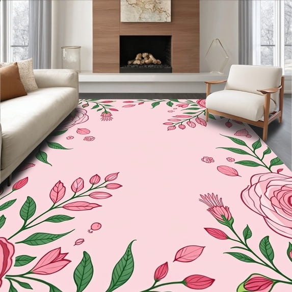 ODIKA 2'x3' Machine Washable Non-Slip Area Rug, Enchanted Garden Botanical Whimsical Wonderland High Traffic Rug, Pink, 444274