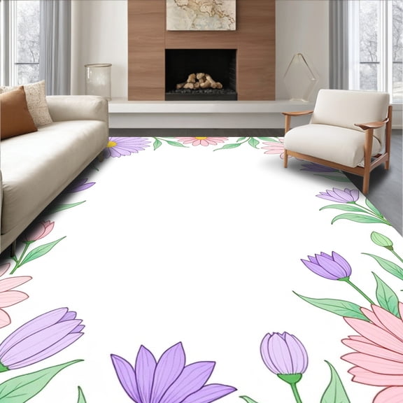 ODIKA 2'x3' Machine Washable Non-Slip Area Rug, Enchanted Garden Florals with Blooming Daisy Petals High Traffic Rug, Pink, 724652