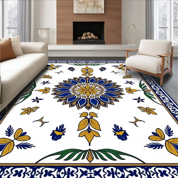 ODIKA 2'x3' Machine Washable Non-Slip Area Rug, Enchanted Garden Interlocking Floral Medallion with Radiant Details High Traffic Rug, White, 704647