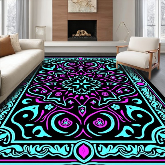 ODIKA 2x3 Machine Washable Non-Slip Area Rug, Enchanted Garden Labyrinth Abstract Heirloom High Traffic Rug, Black, 581147