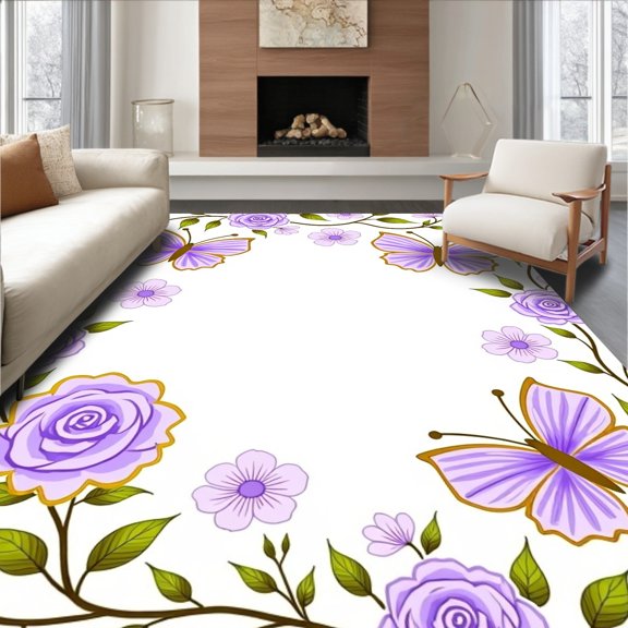 ODIKA 2x3 Machine Washable Non-Slip Area Rug, Enchanted Garden Latch Hook Kit with Floral Vine Embroidery High Traffic Rug, Purple, 641255