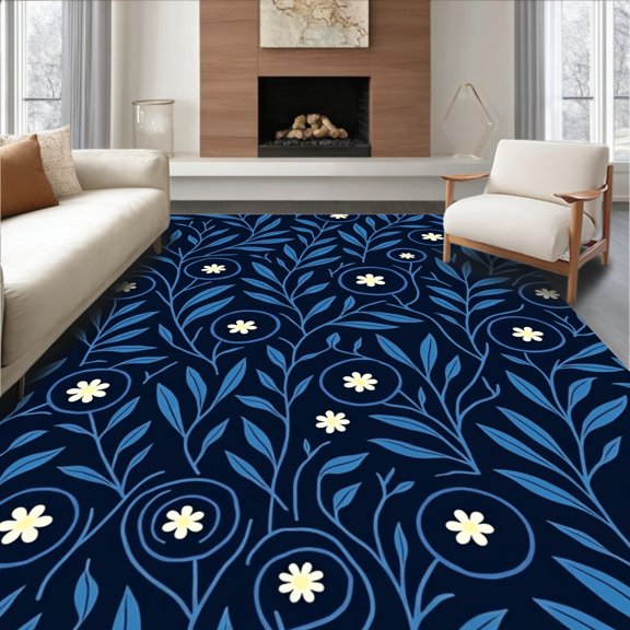 ODIKA 2x3 Machine Washable Non-Slip Area Rug, Enchanted Garden Luxe Botanical Sophisticated Artistic Statement High Traffic Rug, Blue, 462148