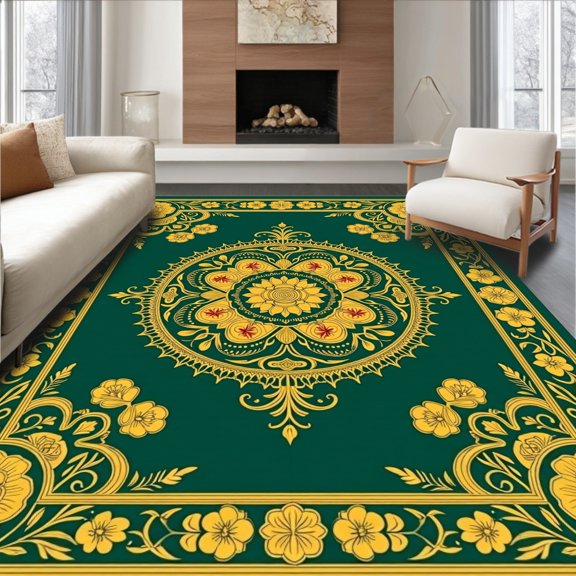 ODIKA 2x3 Machine Washable Non-Slip Area Rug, Enchanted Garden Medallion Botanical Ornate Vintage Tapestry Design High Traffic Rug, Green, 663513