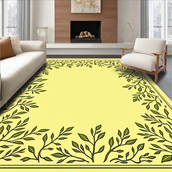 ODIKA 2x3 Machine Washable Non-Slip Area Rug, Enchanted Garden Motif Heirloom Verdant Foliage Labyrinth High Traffic Rug, Yellow, 518966