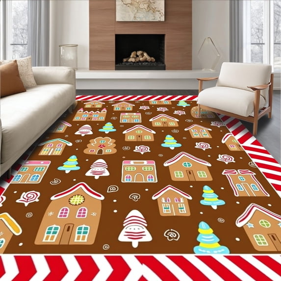 ODIKA 2'x3' Machine Washable Non-Slip Area Rug, Enchanted Gingerbread Village with Cane Borders High Traffic Rug with Pad, Brown, 734743