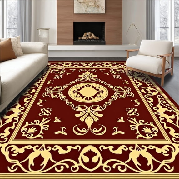 ODIKA 2'x3' Machine Washable Non-Slip Area Rug, Enchanted Harvest Gourd Medallion with Baroque Swirls High Traffic Rug, Brown, 629338