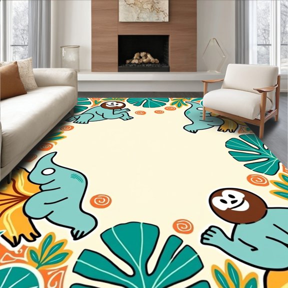 ODIKA 2x3 Machine Washable Non-Slip Area Rug, Enchanted Jungle Friends Playmat With Crocodile Elephant Monkey High Traffic Rug, Beige, 723404