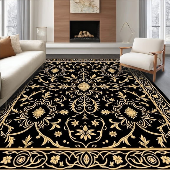 ODIKA 2'x3' Machine Washable Non-Slip Area Rug, Enchanted Midnight Garden Flourish Damask Artistry Display High Traffic Rug, Black, 480602