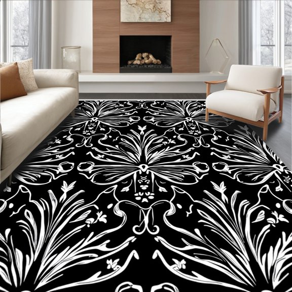 ODIKA 2x3 Machine Washable Non-Slip Area Rug, Enchanted Moth Wings with Delicate Floral Accents High Traffic Rug, Black, 555375