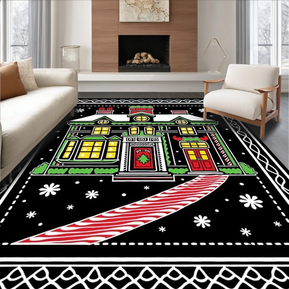 ODIKA 2'x3' Machine Washable Non-Slip Area Rug, Enchanted Sugar Frosted Cabin Plush Absorbent Bathroom Accessory High Traffic Rug, Black, 651999