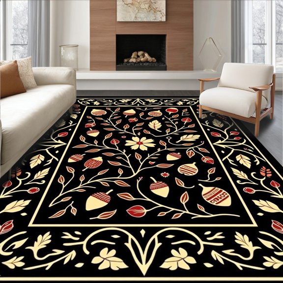 ODIKA 2x3 Machine Washable Non-Slip Area Rug, Enchanted Winter Foliage Machine Artistic Statement High Traffic Rug, Black, 501404