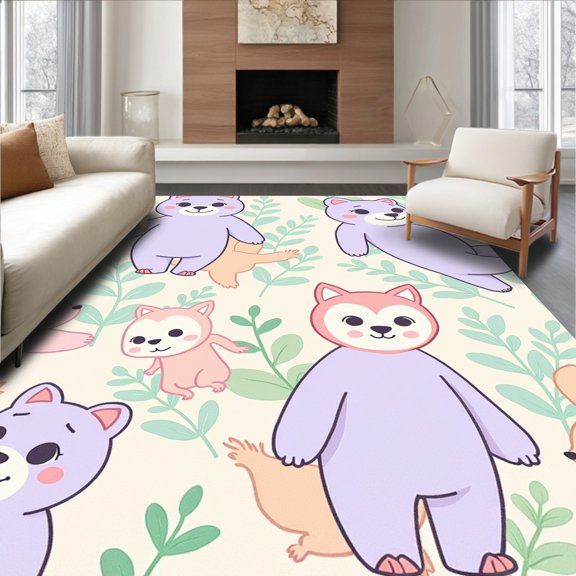 ODIKA 2x3 Machine Washable Non-Slip Area Rug, Enchanted Woodland Creatures Forest Friends with Bears Foxes Owls High Traffic Rug, Beige, 682526