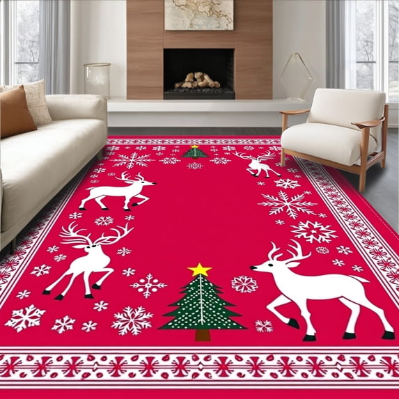 ODIKA 2'x3' Machine Washable Non-Slip Area Rug, Enchanted Yuletide Woodland with Prancing Elk and Sparkling Snow High Traffic Rug with Pad, Red, 733088