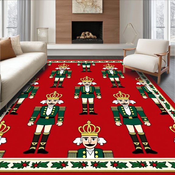 ODIKA 2x3 Machine Washable Non-Slip Area Rug, Enchanting Frosty Powder Room Showcasing Nutcracker Artwork High Traffic Rug, Red, 734584