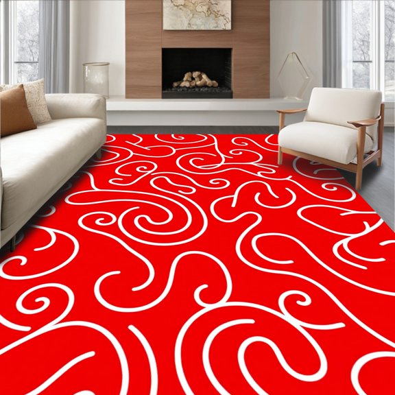 ODIKA 2x3 Machine Washable Non-Slip Area Rug, Enchanting Ribbon Swirl Festive Celebration Floor High Traffic Rug, Red, 654935