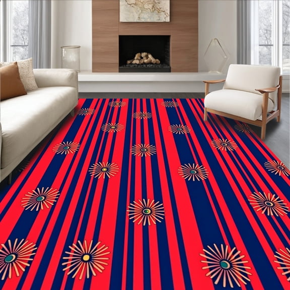 ODIKA 2'x3' Machine Washable Non-Slip Area Rug, Energetic Football Emblem with Interlocking Stripes and Starbursts High Traffic Rug, Red, 675726