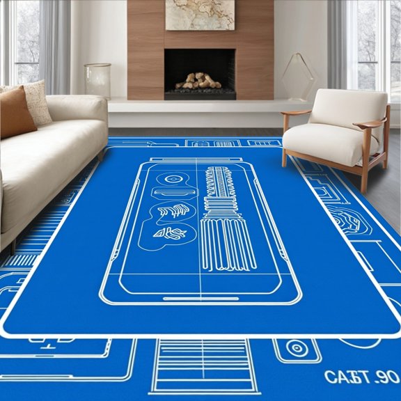 ODIKA 2x3 Machine Washable Non-Slip Area Rug, Engine Blueprint Bath Technical Diagram Non Slip High Traffic Rug, Blue, 677865
