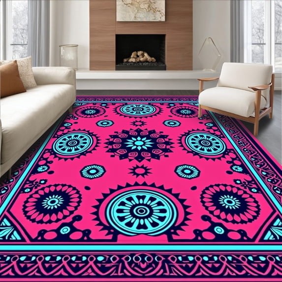 ODIKA 2'x3' Machine Washable Non-Slip Area Rug, Ethnic Lattice Contemporary Abstract High Traffic Rug with Pad, Pink, 558516
