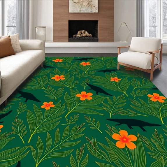ODIKA 2'x3' Machine Washable Non-Slip Area Rug, Exotic Jungle Fauna Flora Spectacular Artistic Wonder High Traffic Rug, Green, 577864