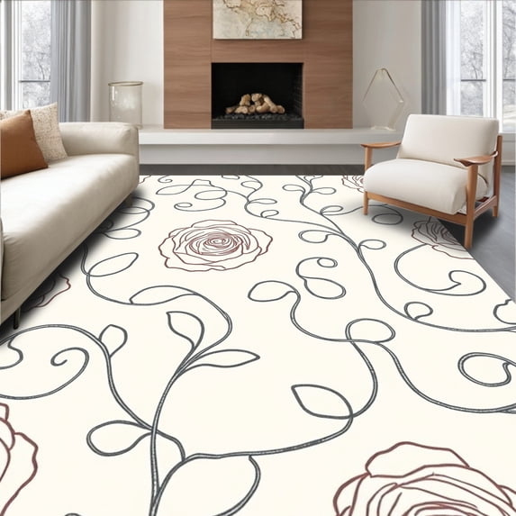 ODIKA 2'x3' Machine Washable Non-Slip Area Rug, Exquisite Interwoven Blossom Abstract Masterwork High Traffic Rug with Pad, Ivory, 658443