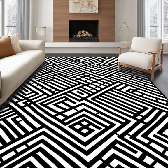 ODIKA 2x3 Machine Washable Non-Slip Area Rug, Exquisite Parquet Mosaic Retro Symmetrical Zigzag Decorative High Traffic Rug, Black, 458430