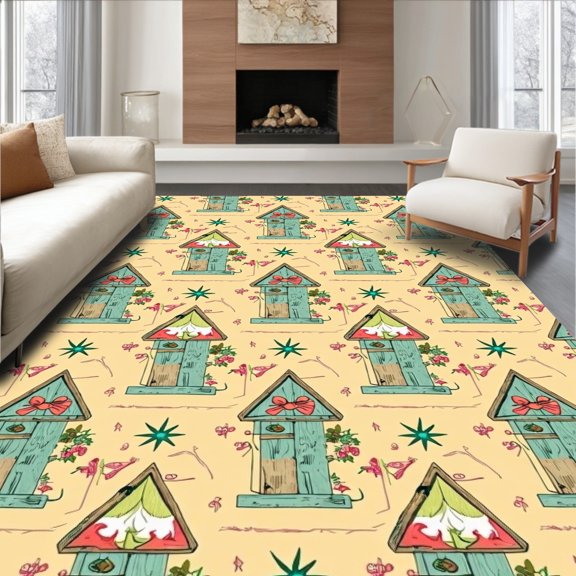 ODIKA 2x3 Machine Washable Non-Slip Area Rug, Farmhouse Primitive Outhouse Graphic with Rustic Barn and Floral Details High Traffic Rug, Yellow, 653142