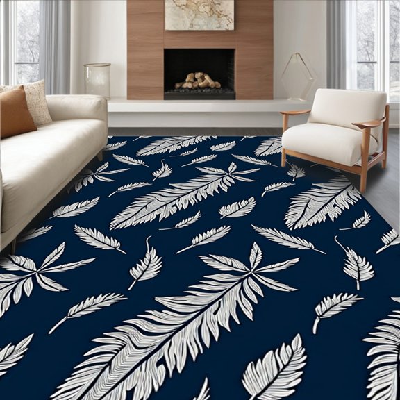 ODIKA 2x3 Machine Washable Non-Slip Area Rug, Feather Plume Motif Entryway Floor Covering High Traffic Rug, Blue, 574711