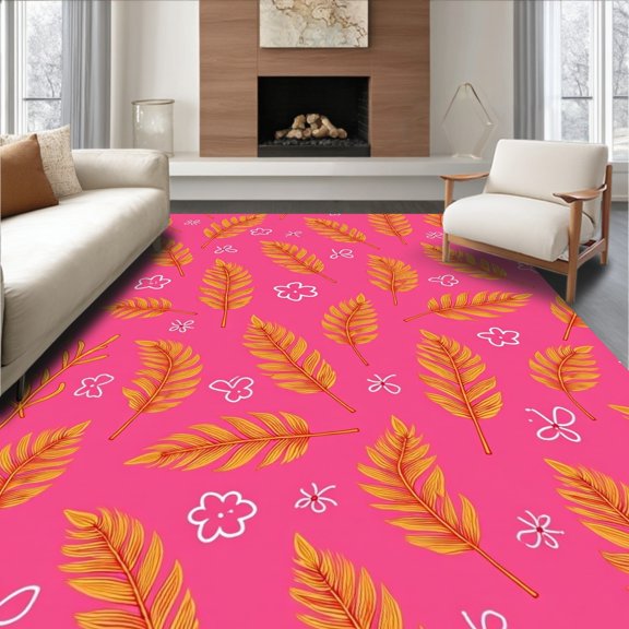 ODIKA 2x3 Machine Washable Non-Slip Area Rug, Festival Mosaic with Artistic Fern and Petal Details High Traffic Rug, Pink, 718974