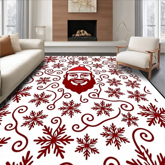 ODIKA 2'x3' Machine Washable Non-Slip Area Rug, Festive Santa Portrait with Elegant Snowflake Accents High Traffic Rug with Pad, Red, 740247