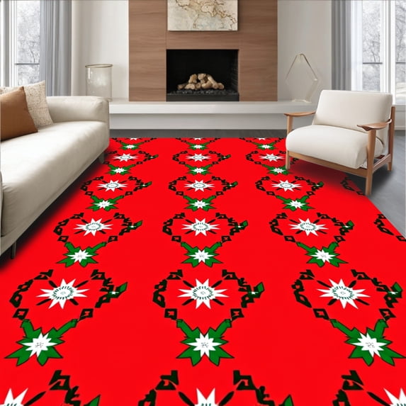 ODIKA 2'x3' Machine Washable Non-Slip Area Rug, Festive Argyle Patchwork with Stylized Starbursts and Holly Details High Traffic Rug with Pad, Red, 504063