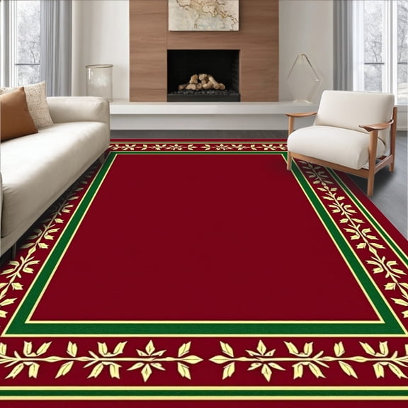 ODIKA 2x3 Machine Washable Non-Slip Area Rug, Festive Border Elegant Holiday Celebration Decorative Accent High Traffic Rug, Red, 609318