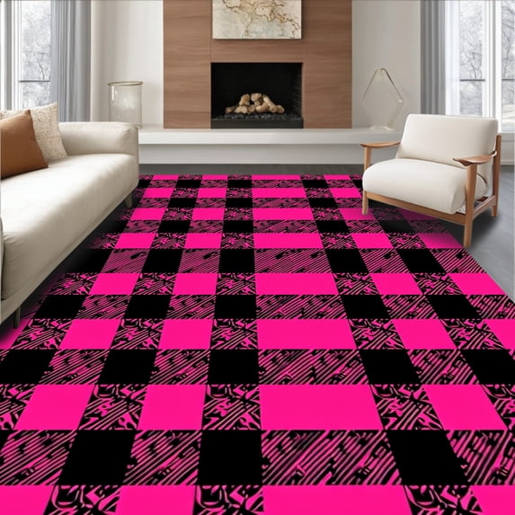 ODIKA 2'x3' Machine Washable Non-Slip Area Rug, Festive Buffalo Plaid Holiday Xmas Decorative High Traffic Rug, Pink, 627567