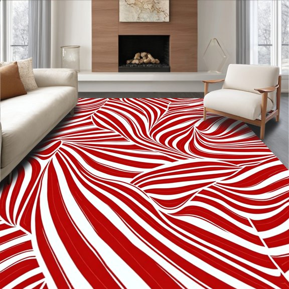 ODIKA 2x3 Machine Washable Non-Slip Area Rug, Festive Cane Inspired Striped Motif with Dynamic Flow High Traffic Rug, Red, 610857