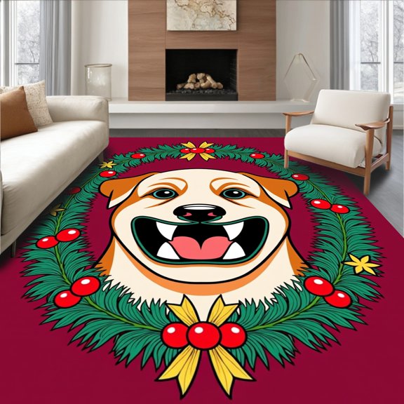 ODIKA 2x3 Machine Washable Non-Slip Area Rug, Festive Canine Portrait Latch Hook Kit with Holiday Wreath Border Design High Traffic Rug, Green, 640069