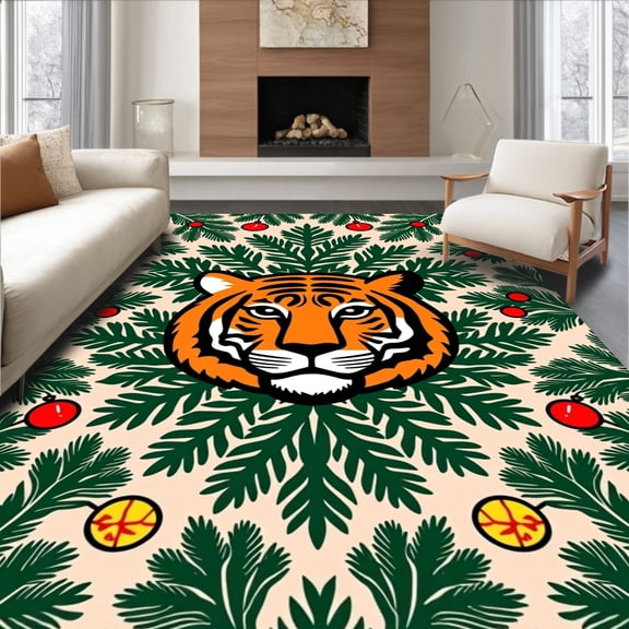 ODIKA 2x3 Machine Washable Non-Slip Area Rug, Festive Christmas Tiger Among Pine Branches Modern Interlocking Motif High Traffic Rug, Beige, 635257