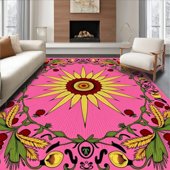 ODIKA 2x3 Machine Washable Non-Slip Area Rug, Festive Cornucopia Bounty Decorative Fir Support Platform High Traffic Rug, Pink, 740535