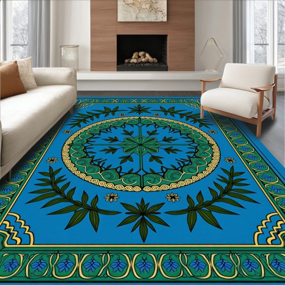 ODIKA 2x3 Machine Washable Non-Slip Area Rug, Festive Evergreen Branch Medallion Design Christmas Tree Foundation High Traffic Rug, Blue, 624393