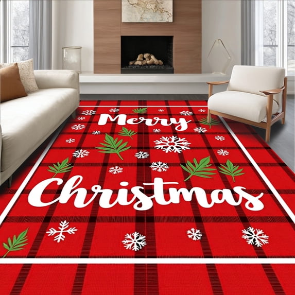 ODIKA 2'x3' Machine Washable Non-Slip Area Rug, Festive Farmhouse Plaid with Merry Lettering and Evergreen Sprig Accents High Traffic Rug with Pad, Red, 739437