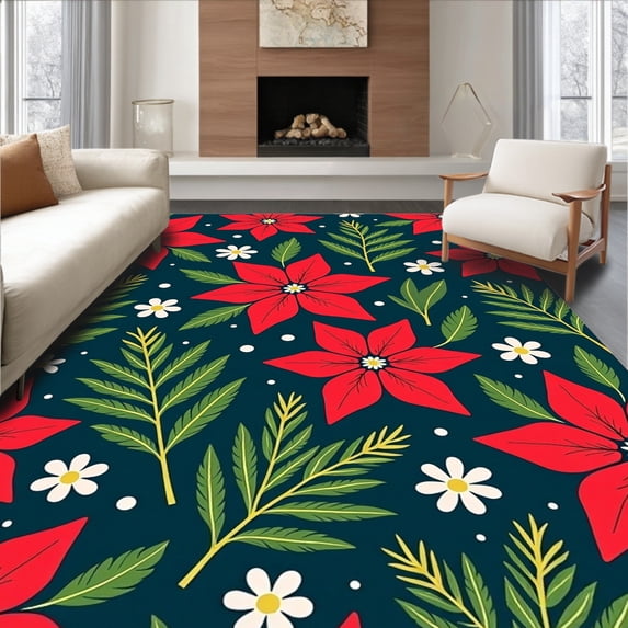 ODIKA 2'x3' Machine Washable Non-Slip Area Rug, Festive Garden Latch Hook with Holiday Blossoms and Playful Evergreen Details High Traffic Rug, Red, 620717