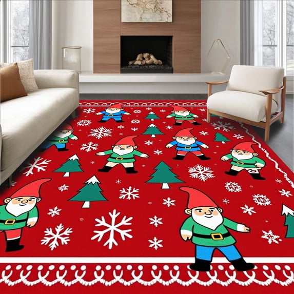 ODIKA 2'x3' Machine Washable Non-Slip Area Rug, Festive Gnome Parade with Pine Tree Motifs and Whimsical Snowflake Accents High Traffic Rug with Pad, Red, 623039