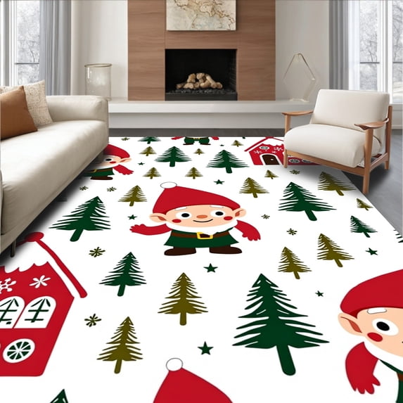 ODIKA 2'x3' Machine Washable Non-Slip Area Rug, Festive Gnome Village Holiday with Whimsical Winter Wonderland Design High Traffic Rug, Red, 621776