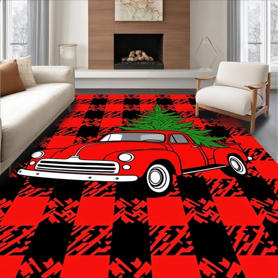 ODIKA 2'x3' Machine Washable Non-Slip Area Rug, Festive Holiday Buffalo Plaid Farmhouse Truck Decorative High Traffic Rug with Pad, Red, 651772
