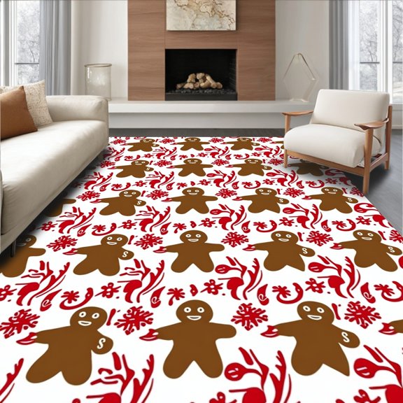 ODIKA 2x3 Machine Washable Non-Slip Area Rug, Festive Holiday Gingerbread Figures with Swirls and Snowflake Accents High Traffic Rug, Brown, 632506