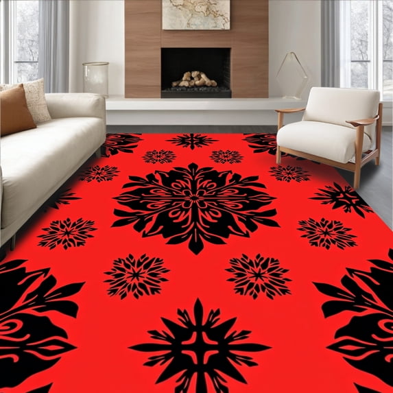 ODIKA 2'x3' Machine Washable Non-Slip Area Rug, Festive Holiday Snowflake Treasure With Elegant Swirl High Traffic Rug, Red, 605872