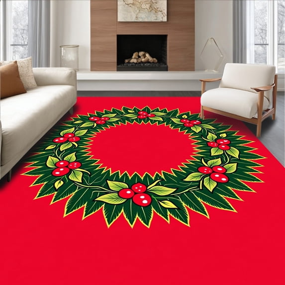 ODIKA 2'x3' Machine Washable Non-Slip Area Rug, Festive Holly Berry Wreath Crochet Hook Cushion Making Kit Holiday High Traffic Rug with Pad, Red, 635136