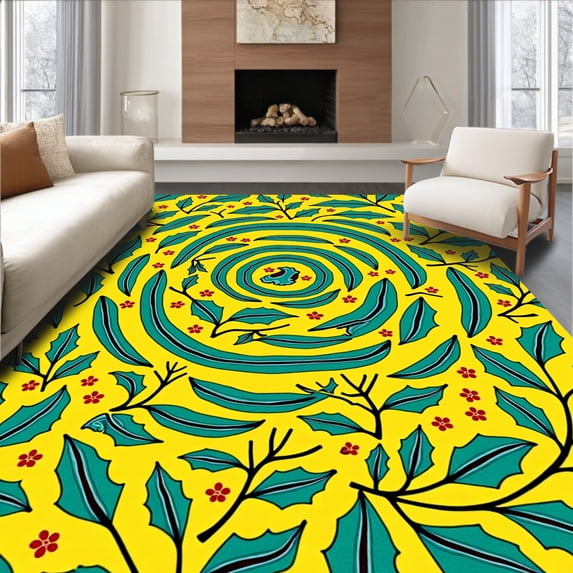 ODIKA 2'x3' Machine Washable Non-Slip Area Rug, Festive Holly Leaf Spiral Mosaic Design Foam High Traffic Rug with Pad, Yellow, 503357