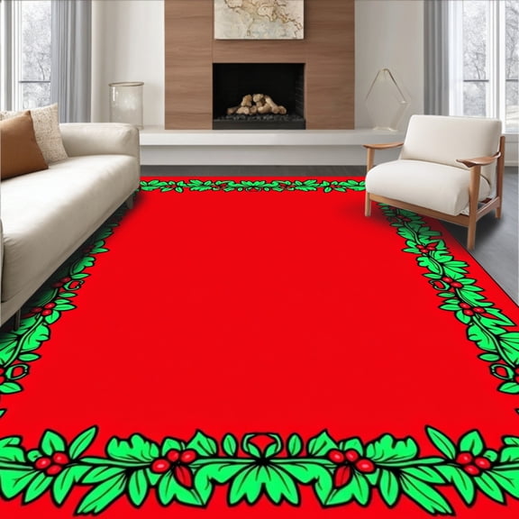 ODIKA 2x3 Machine Washable Non-Slip Area Rug, Festive Holly Wreath Border Hallway Path with Seasonal High Traffic Rug, Red, 603394
